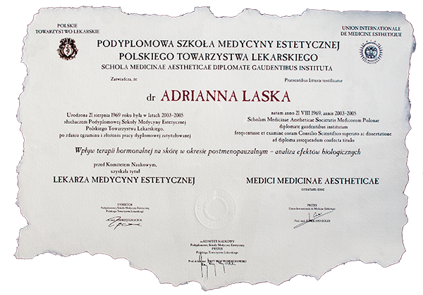 Warszawa 2005 — Dyplom uzyskania tytułu lekarza medycyny estetycznej Polskiego Towarzystwa Lekarskiego