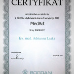 Bogdani 2013 — Certyfikat uczestnictwa w szkoleniu z zakresu użytkowania lasera frakcyjnego CO2 MedArt firmy Energist